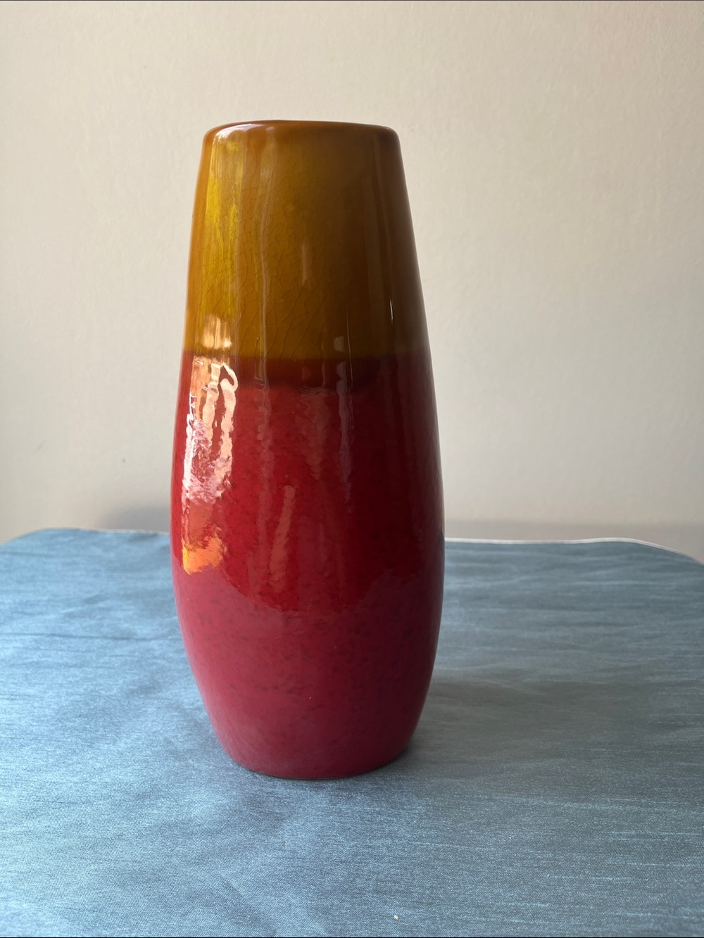 Vintage 1970s MCM Ceramic Vase Oxblood Red & Harvest Gold Drip Glaze